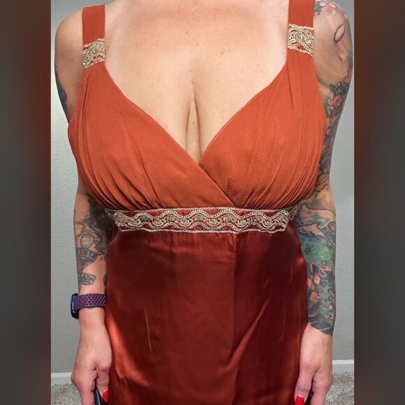 90s Vintage Bronze Silk Chiffon Halter Dress Art Deco Formal Maxi Retro 30s 10 - Picture 7 of 10